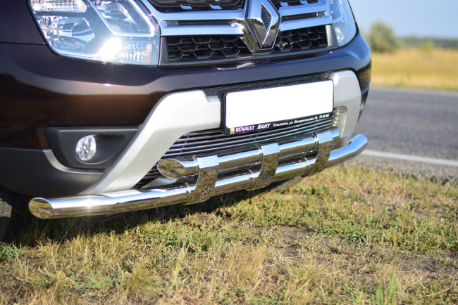 Защита переднего бампера двойная с пластинами (НПС) Renault Duster 2016- купить в интернет-магазине tuning63 Защита переднего бампера двойная с пластинами (НПС) Renault Duster 2016- купить в интернет-магазине tuning63